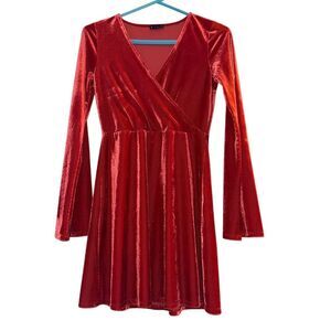 Express Women's Red Velvet Faux Wrap Dress Size M Knee Length Party‎ whimsigoth
